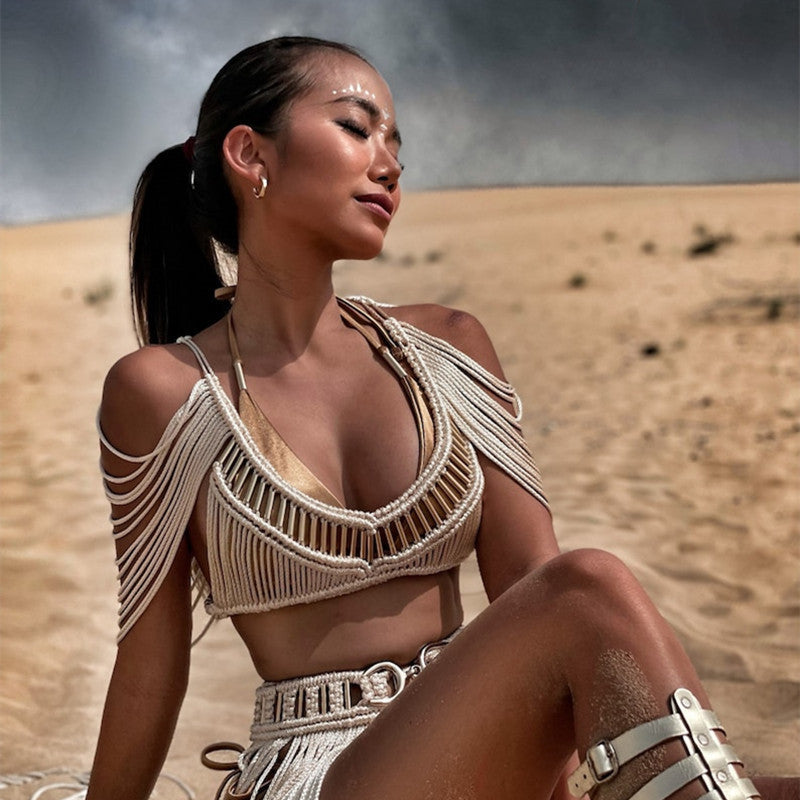 Women's Hand-woven Tassel Dress Creative Beach Travel Sexy Split Chest Wrap - Bellarte Enchanté Women's Hand-woven Tassel Dress Creative Beach Travel Sexy Split Chest Wrap