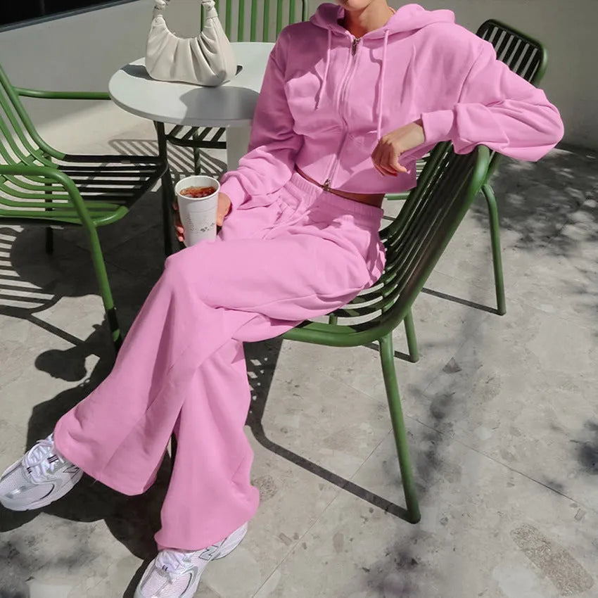 Women's Knitted Plus Fluff Hooded Short Top Wide Leg Pants Two-piece Set - Bellarte Enchanté Women's Knitted Plus Fluff Hooded Short Top Wide Leg Pants Two-piece Set