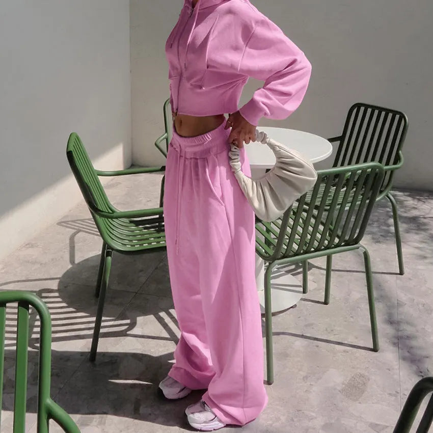 Women's Knitted Plus Fluff Hooded Short Top Wide Leg Pants Two-piece Set - Bellarte Enchanté Women's Knitted Plus Fluff Hooded Short Top Wide Leg Pants Two-piece Set