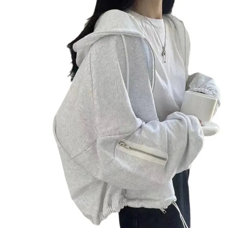Women's Large Pocket Zipper Design Loose Casual Drawstring Hoodie Coat - Bellarte Enchanté Women's Large Pocket Zipper Design Loose Casual Drawstring Hoodie Coat