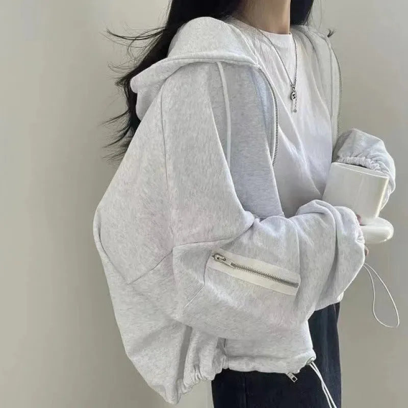 Women's Large Pocket Zipper Design Loose Casual Drawstring Hoodie Coat - Bellarte Enchanté Women's Large Pocket Zipper Design Loose Casual Drawstring Hoodie Coat