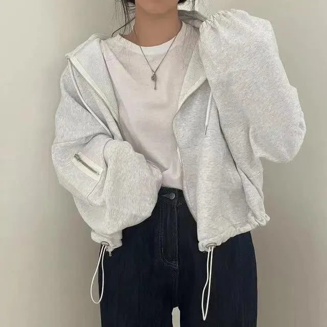 Women's Large Pocket Zipper Design Loose Casual Drawstring Hoodie Coat - Bellarte Enchanté Women's Large Pocket Zipper Design Loose Casual Drawstring Hoodie Coat