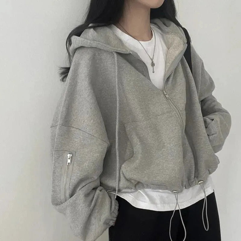 Women's Large Pocket Zipper Design Loose Casual Drawstring Hoodie Coat - Bellarte Enchanté Women's Large Pocket Zipper Design Loose Casual Drawstring Hoodie Coat