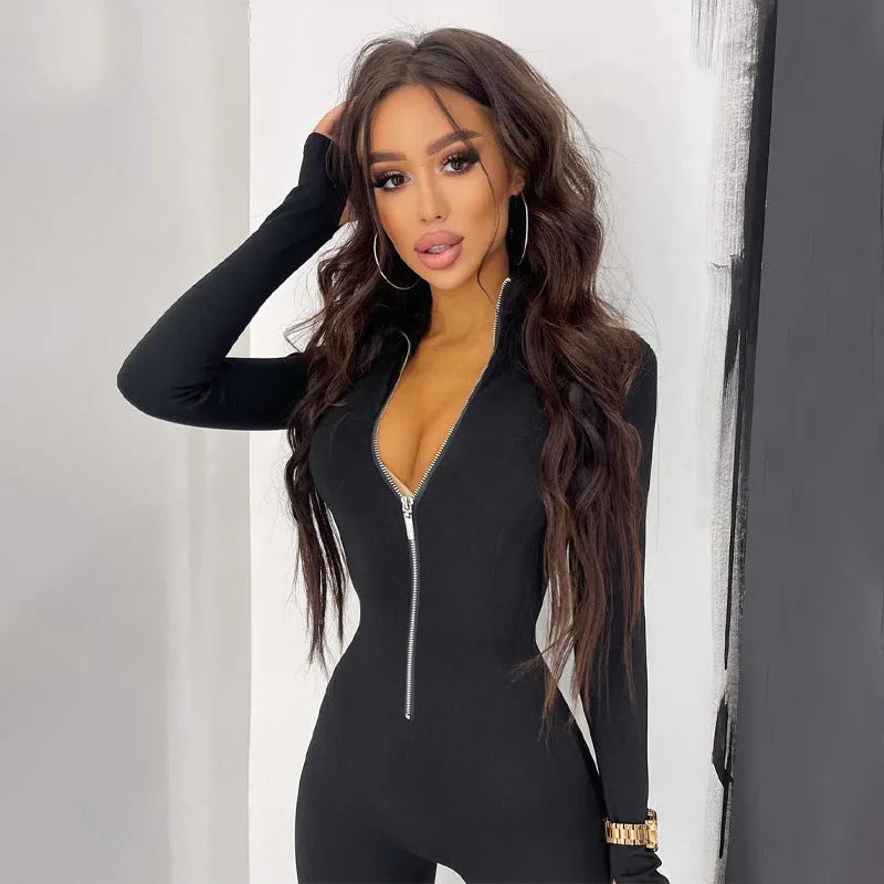 Women's Long-sleeved Sports Black Metal Zipper Turtleneck Jumpsuit - Bellarte Enchanté Women's Long-sleeved Sports Black Metal Zipper Turtleneck Jumpsuit