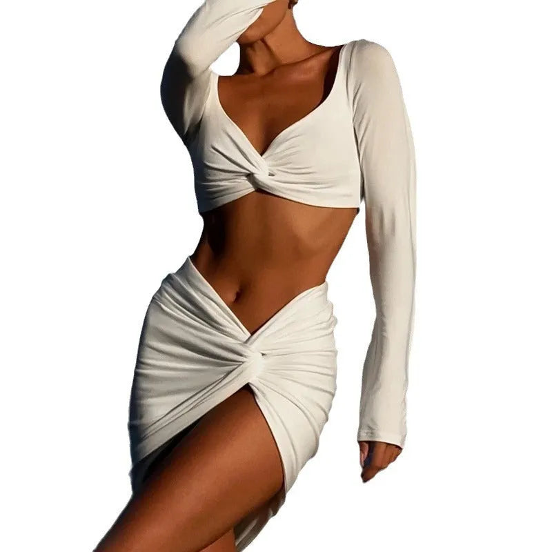 Women's Long-sleeved V-neck Top Tight High Waist Split Skirt Suit - Bellarte Enchanté Women's Long-sleeved V-neck Top Tight High Waist Split Skirt Suit