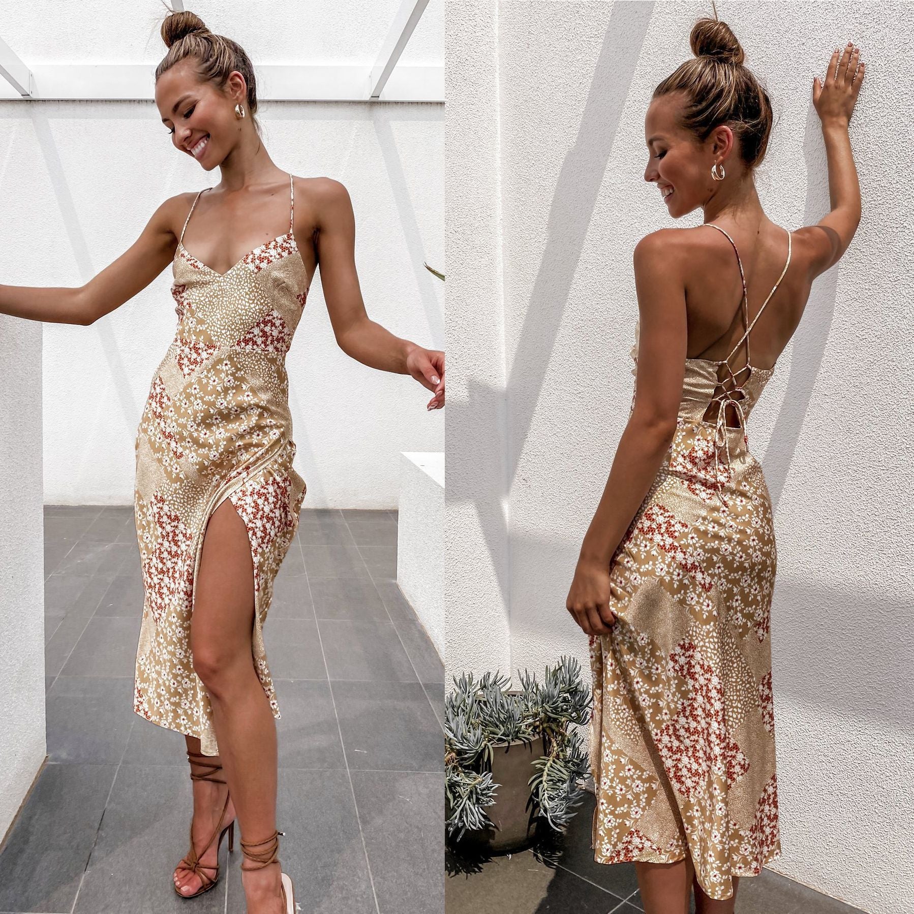 Women's Printed V-neck Sling Dress - Bellarte Enchanté Women's Printed V-neck Sling Dress