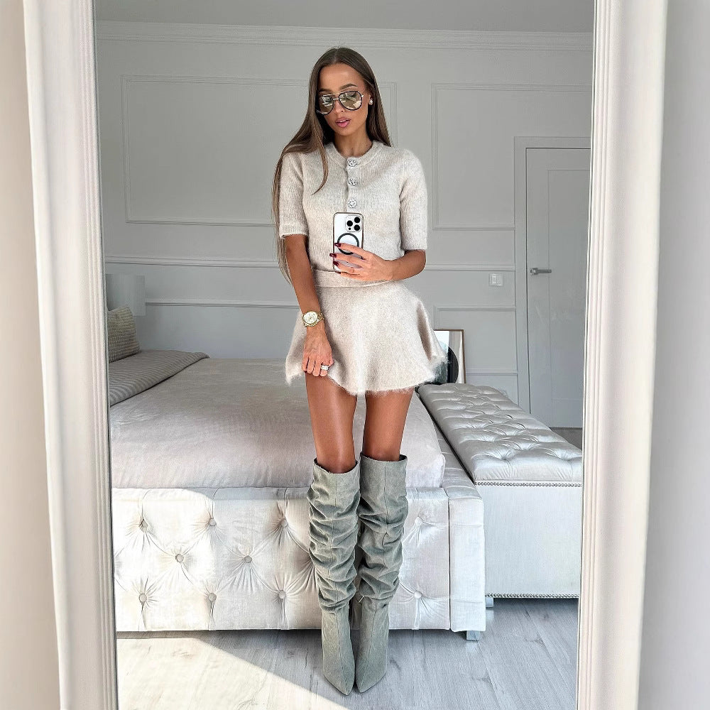 Women's Round Neck Short Sleeve Sweater Skirt Suit - Bellarte Enchanté Women's Round Neck Short Sleeve Sweater Skirt Suit