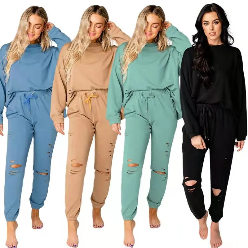 Women's Solid Color Ripped Round Neck Pullover Pants Casual Long Sleeve Sweatshirt Cotton Suit - Bellarte Enchanté Women's Solid Color Ripped Round Neck Pullover Pants Casual Long Sleeve Sweatshirt Cotton Suit