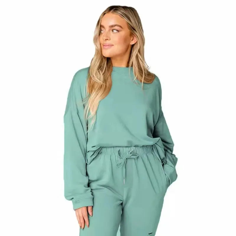 Women's Solid Color Ripped Round Neck Pullover Pants Casual Long Sleeve Sweatshirt Cotton Suit - Bellarte Enchanté Women's Solid Color Ripped Round Neck Pullover Pants Casual Long Sleeve Sweatshirt Cotton Suit