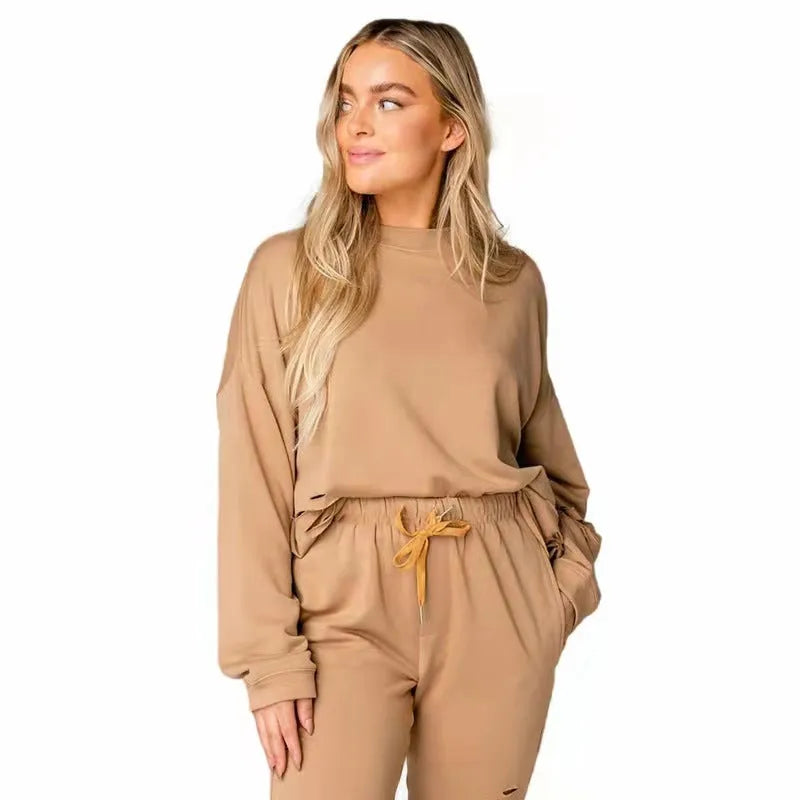 Women's Solid Color Ripped Round Neck Pullover Pants Casual Long Sleeve Sweatshirt Cotton Suit - Bellarte Enchanté Women's Solid Color Ripped Round Neck Pullover Pants Casual Long Sleeve Sweatshirt Cotton Suit
