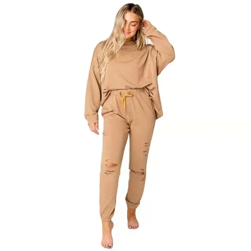 Women's Solid Color Ripped Round Neck Pullover Pants Casual Long Sleeve Sweatshirt Cotton Suit - Bellarte Enchanté Women's Solid Color Ripped Round Neck Pullover Pants Casual Long Sleeve Sweatshirt Cotton Suit