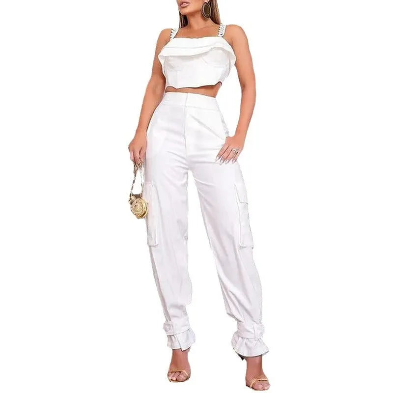 Women's Solid Color Square Collar Sling High Waist Ankle-tied Trousers Suit - Bellarte Enchanté Women's Solid Color Square Collar Sling High Waist Ankle-tied Trousers Suit