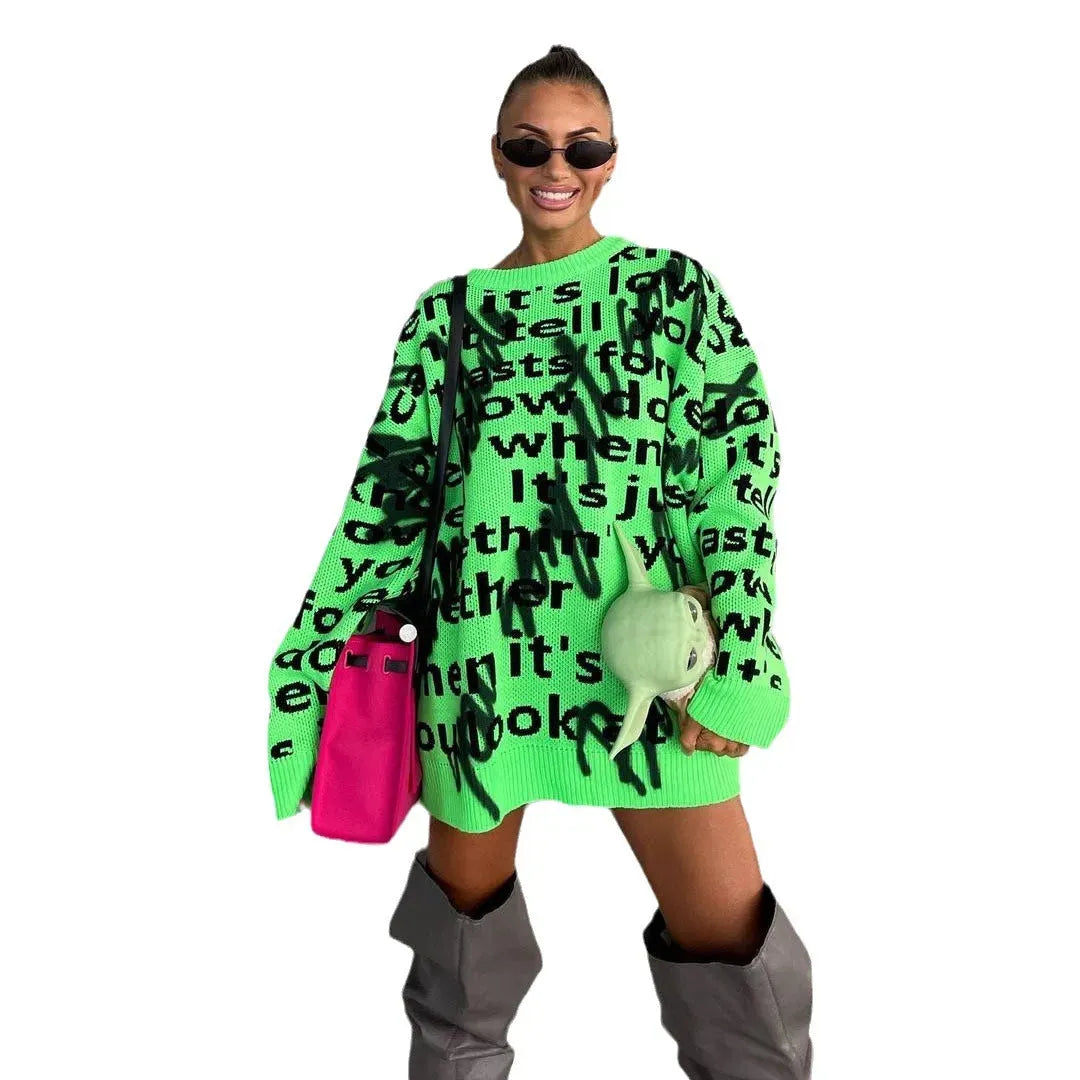 Women's Sweater Fashion Casual Loose Contrast Color Letter - Bellarte Enchanté Women's Sweater Fashion Casual Loose Contrast Color Letter