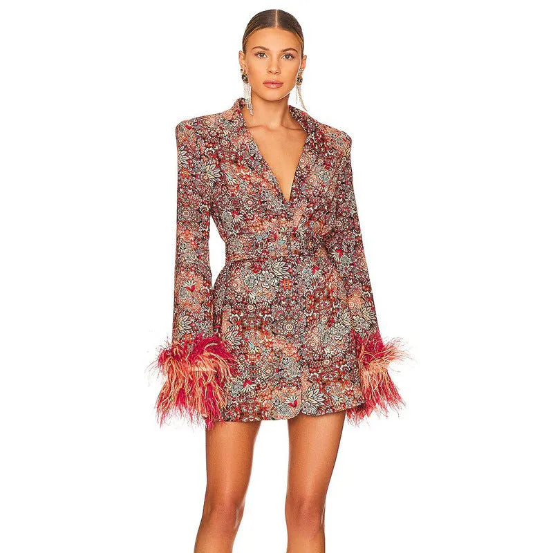 Women's V-Neck Floral Cuff Feather Dress - Bellarte Enchanté Women's V-Neck Floral Cuff Feather Dress