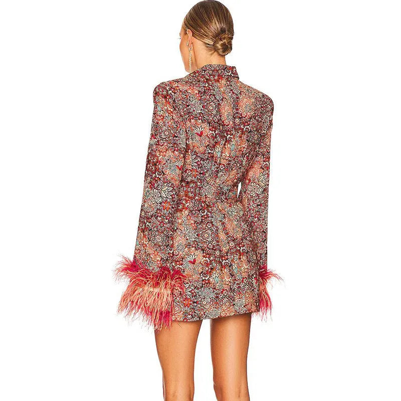 Women's V-Neck Floral Cuff Feather Dress - Bellarte Enchanté Women's V-Neck Floral Cuff Feather Dress
