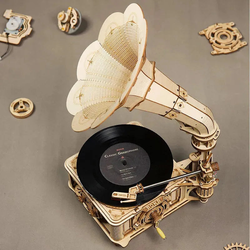 Wooden Hand-Assembled Diy Mechanical Model Vinyl Phonograph 3D Three-Dimensional Puzzle - Bellarte Enchanté Wooden Hand-Assembled Diy Mechanical Model Vinyl Phonograph 3D Three-Dimensional Puzzle