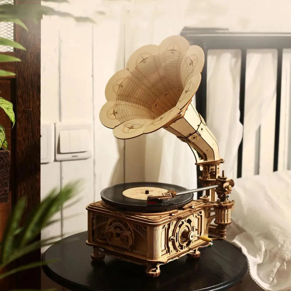 Wooden Hand-Assembled Diy Mechanical Model Vinyl Phonograph 3D Three-Dimensional Puzzle - Bellarte Enchanté Wooden Hand-Assembled Diy Mechanical Model Vinyl Phonograph 3D Three-Dimensional Puzzle