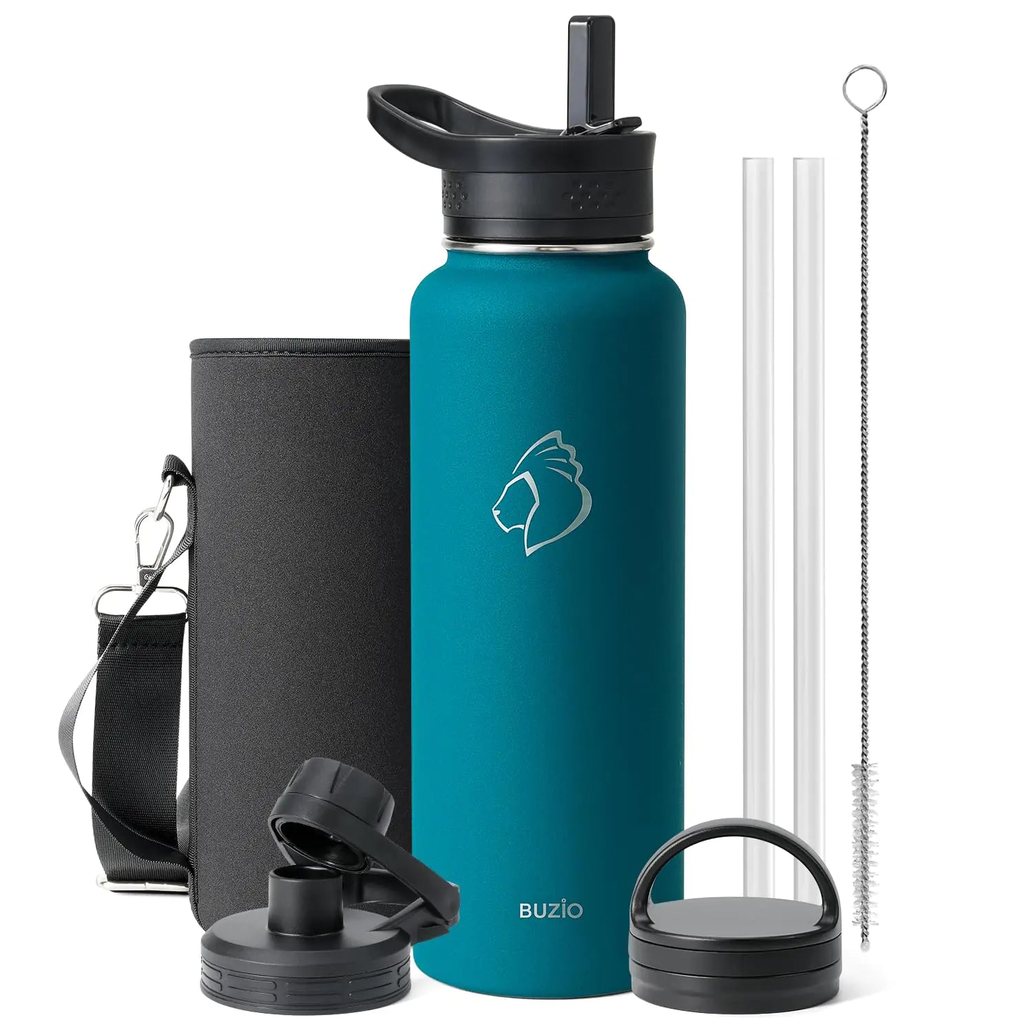 BUZIO 40 oz Water Bottle Insulated with Straw & 3 lid and Carrying Pouch Leak Proof Anti-Slip Stainless Steel Water Flask Jug Cold for 48 Hrs Double Vacuum Thermo Canteen BPA-Free Blue