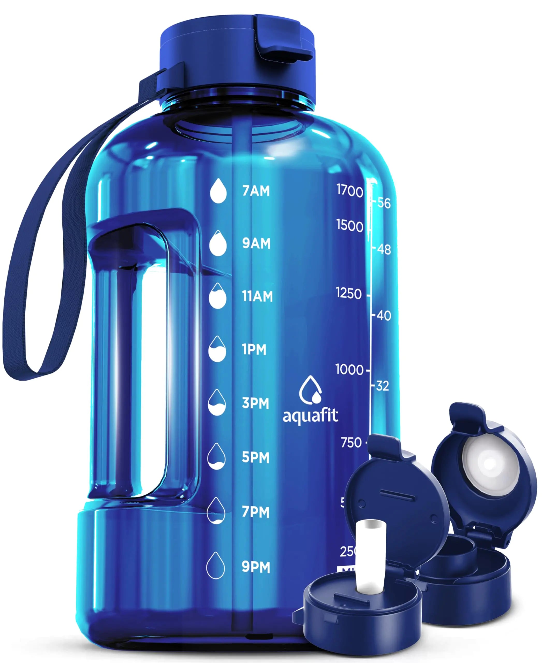 AQUAFIT 64 oz Water Bottle with Time Marker - Straw & Chug Lid - BPA Free Half Gallon Water Bottle Big Water Bottle with Straw Gym Water Bottle with Handle Gallon Water Jug (Blue 64 Ounces)