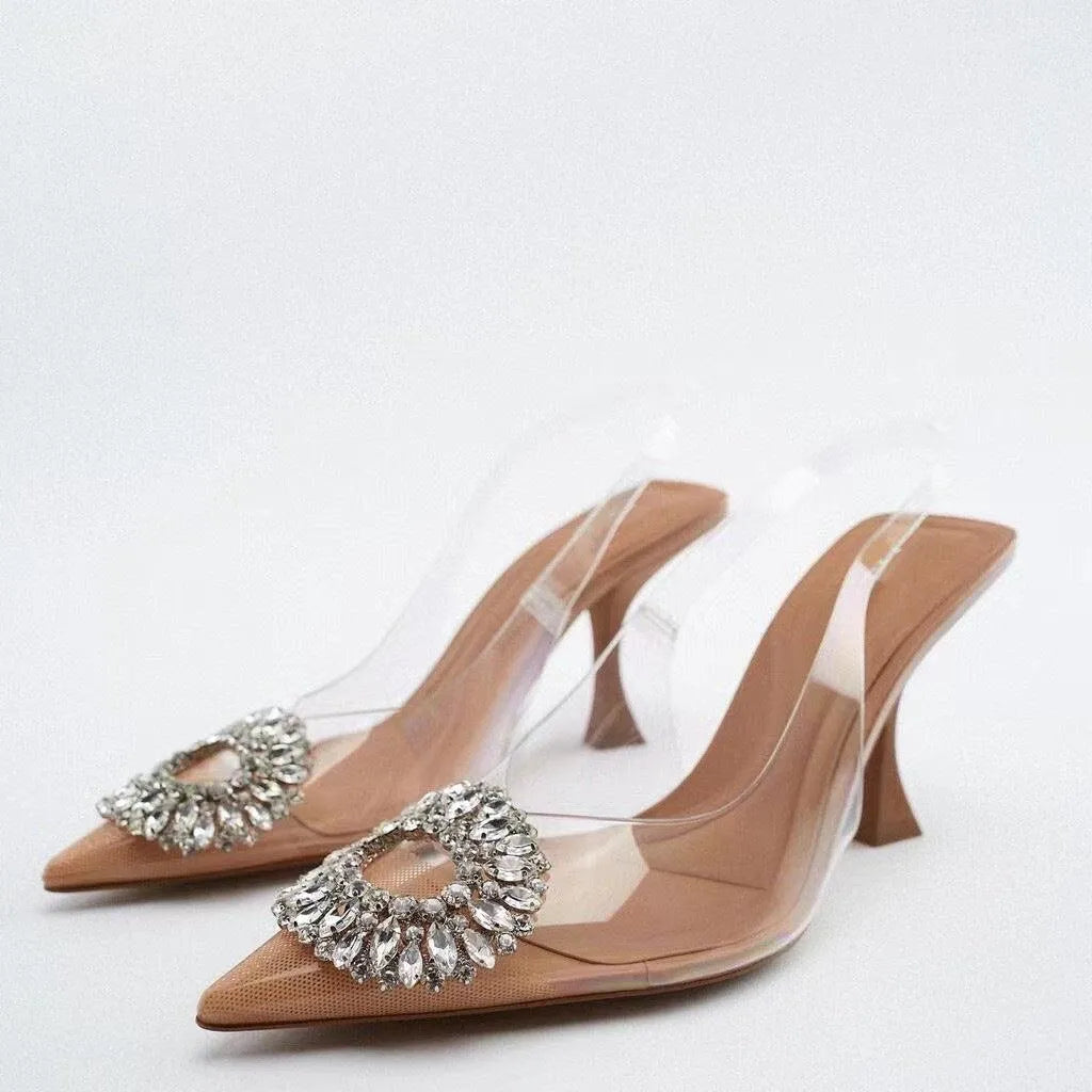 Za Shoes High Heel Sandals Women's Transparent Back Strap Water Diamond Decorations Closed Toe Sandals Pointed Toe Pumps High Heels Stiletto Heel - Bellarte Enchanté Za Shoes High Heel Sandals Women's Transparent Back Strap Water Diamond Decorations Closed Toe Sandals Pointed Toe Pumps High Heels Stiletto Heel